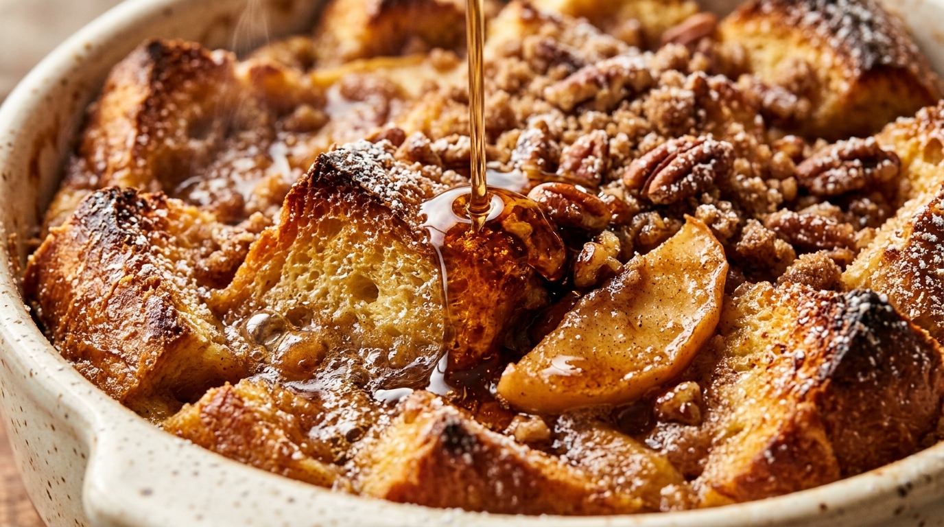 Ultra close-up macro of baked apple cinnamon french toast casserole with bubbling golden custard and streusel