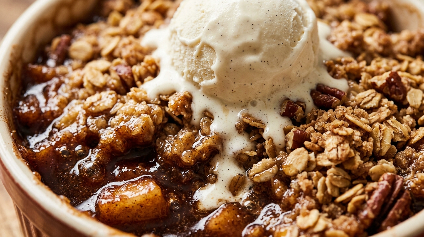 Ultra close-up macro food photography of warm brown butter cinnamon apple crisp fresh out of the oven with golden oat pecan streusel and melting vanilla bean ice cream
