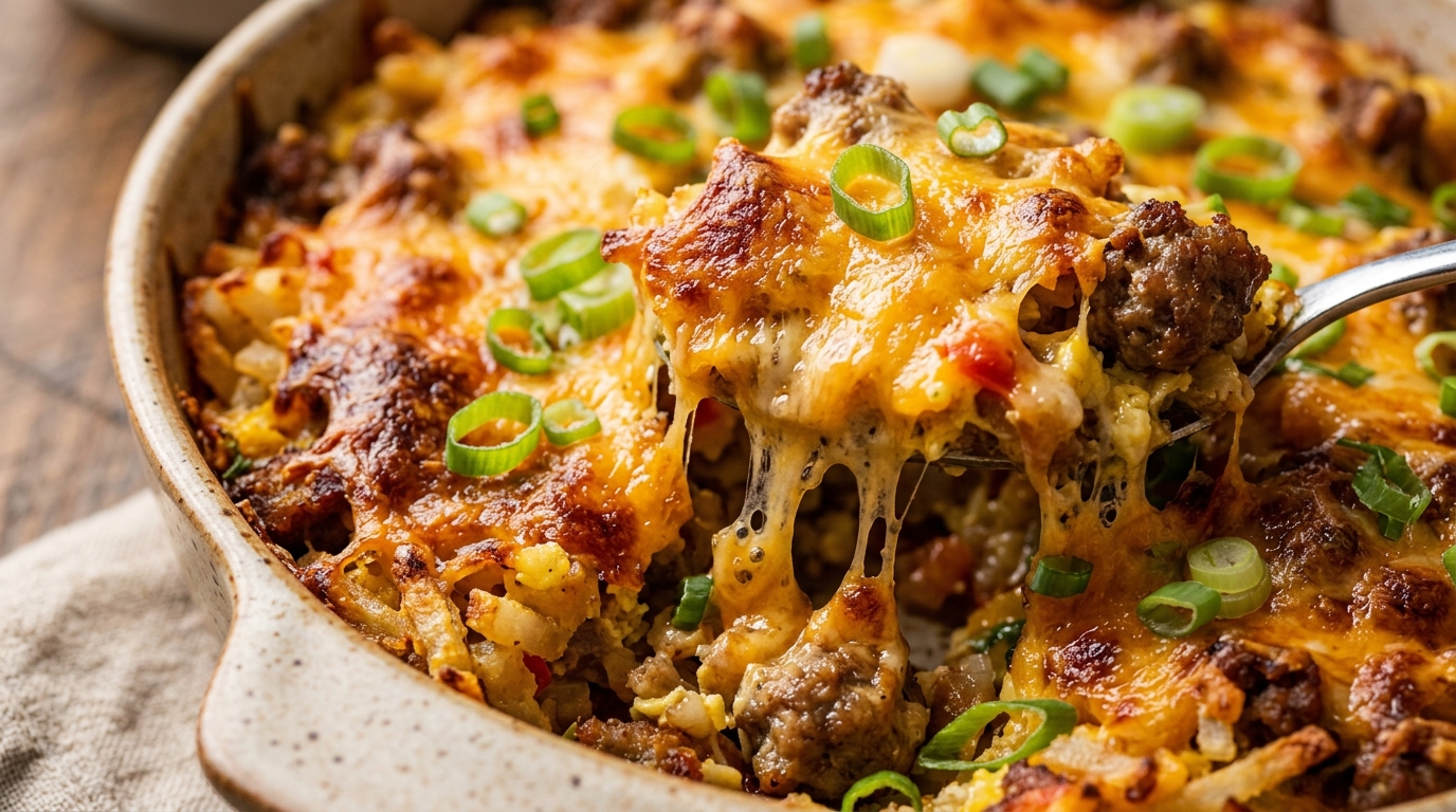 Ultra close-up macro of bubbling golden baked cheesy loaded breakfast hashbrown casserole with sausage, cheddar, and scallions