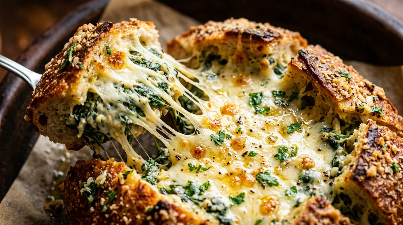 Ultra close-up macro of cheesy spinach artichoke pull-apart bread with bubbling mozzarella cheese pull