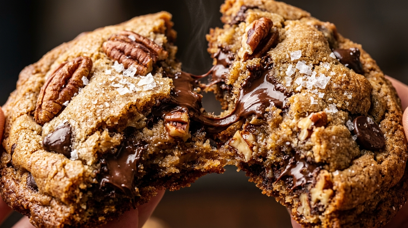 Ultra close-up macro of a chewy brown butter pecan chocolate chip cookie broken in half with gooey melted chocolate and flaky sea salt
