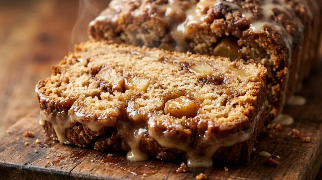 Ultra close-up macro of sliced moist spiced cinnamon apple bread with dripping salted maple glaze
