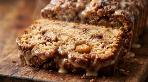 Ultra close-up macro of sliced moist spiced cinnamon apple bread with dripping salted maple glaze