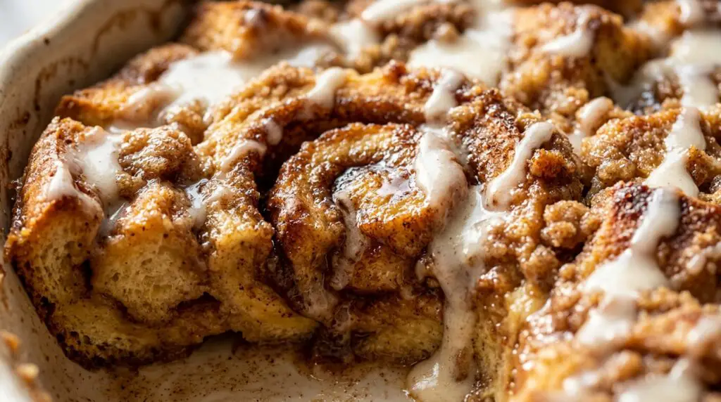 Ultra close-up macro of baked golden cinnamon roll french toast casserole with gooey cinnamon swirls and dripping vanilla cream cheese glaze