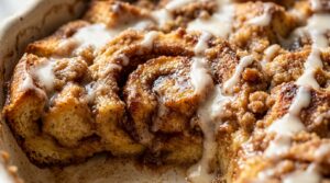 Ultra close-up macro of baked golden cinnamon roll french toast casserole with gooey cinnamon swirls and dripping vanilla cream cheese glaze