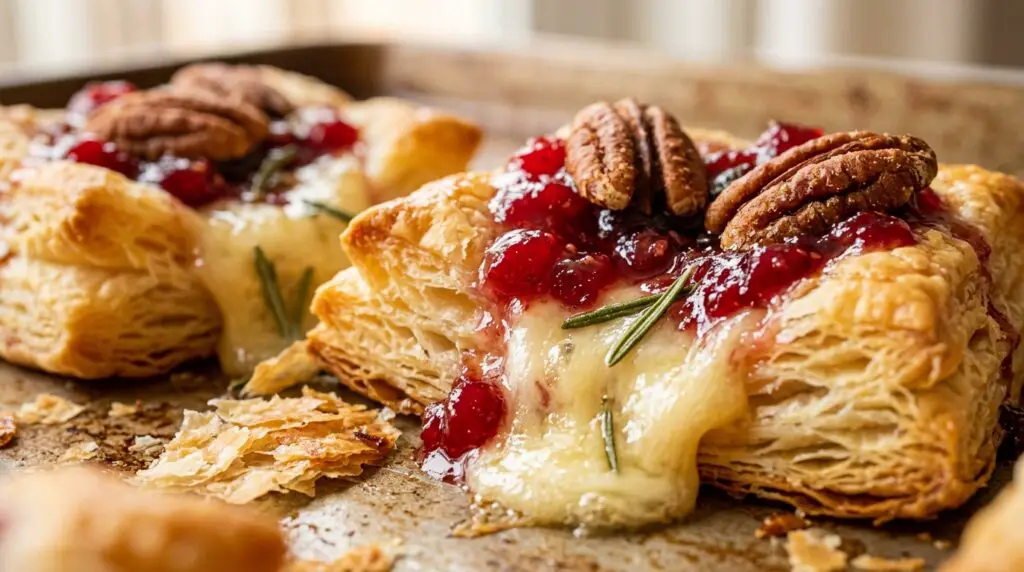 Ultra close-up macro of bubbling warm golden puff pastry cranberry brie bites with melted cheese and ruby cranberry sauce