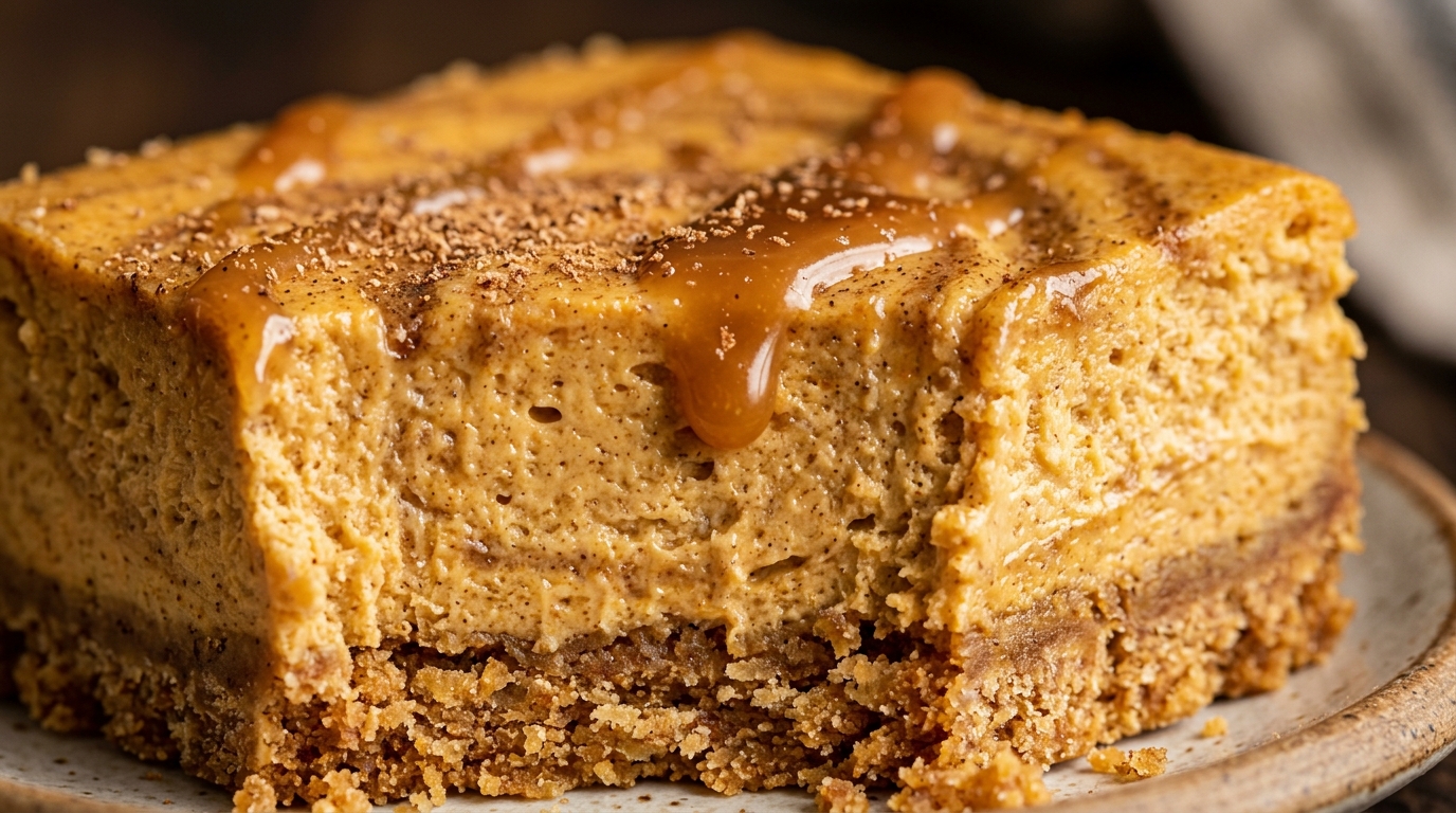 Ultra close-up macro of creamy spiced pumpkin cheesecake bar with golden graham crust and caramel drizzle