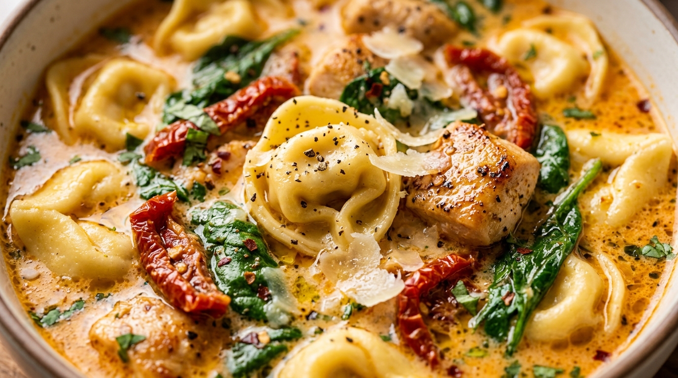 Ultra close-up macro food photography of Creamy Tuscan Chicken Tortellini Soup with cheese tortellini, golden chicken, spinach, and sun-dried tomatoes