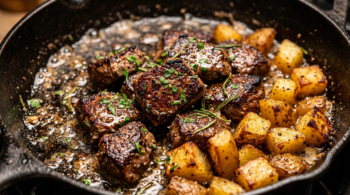 Ultra close-up macro food photography of sizzling seared garlic butter steak bites and crispy golden potatoes in cast iron skillet with fresh herbs
