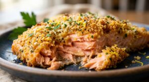Ultra close-up macro of tender baked salmon fillet with golden crispy garlic parmesan panko crust and fresh herbs