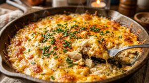 Ultra close-up macro of bubbling golden baked hot creamy crab dip in skillet with lump crab meat, chives, and Old Bay seasoning