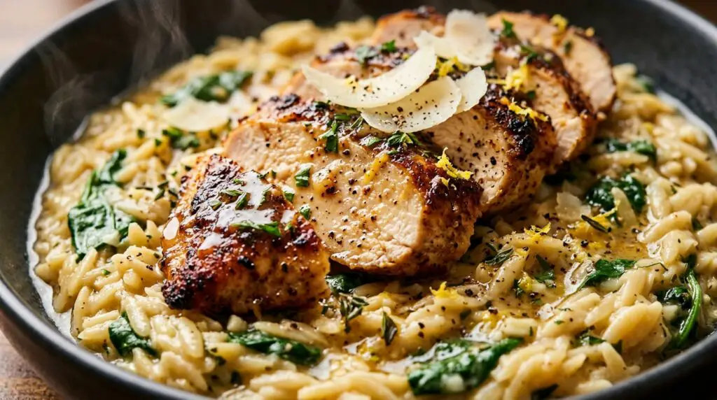 Ultra close-up macro of juicy sliced seared chicken breast over creamy lemon garlic orzo with spinach and parmesan