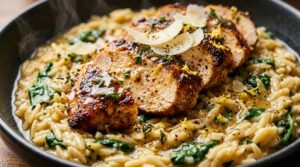 Ultra close-up macro of juicy sliced seared chicken breast over creamy lemon garlic orzo with spinach and parmesan