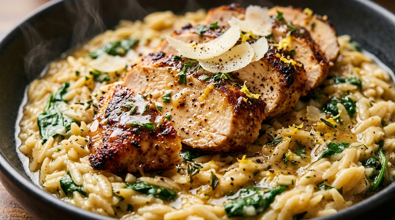 Ultra close-up macro of juicy sliced seared chicken breast over creamy lemon garlic orzo with spinach and parmesan