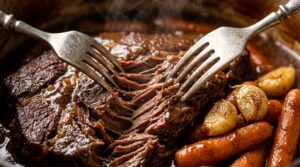 Ultra close-up macro of tender shredded garlic herb pot roast beef with dark onion gravy, glazed carrots, and whole roasted garlic