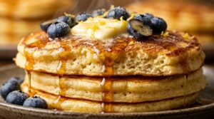 Ultra close-up macro of fluffy golden lemon ricotta pancakes with melting butter and pure maple syrup