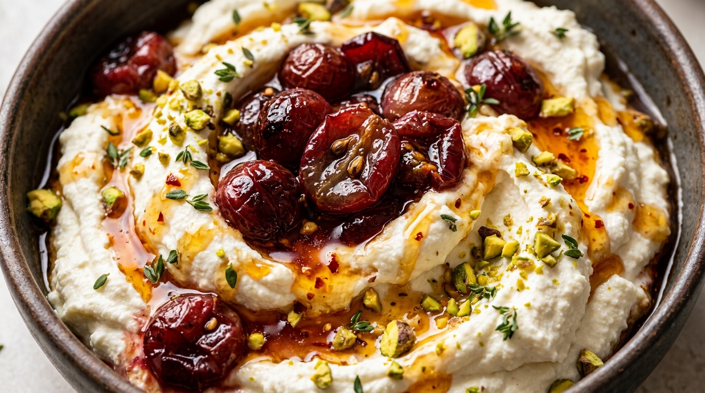 Ultra close-up macro of whipped ricotta dip topped with roasted caramelized red grapes, hot honey drizzle, and chopped pistachios
